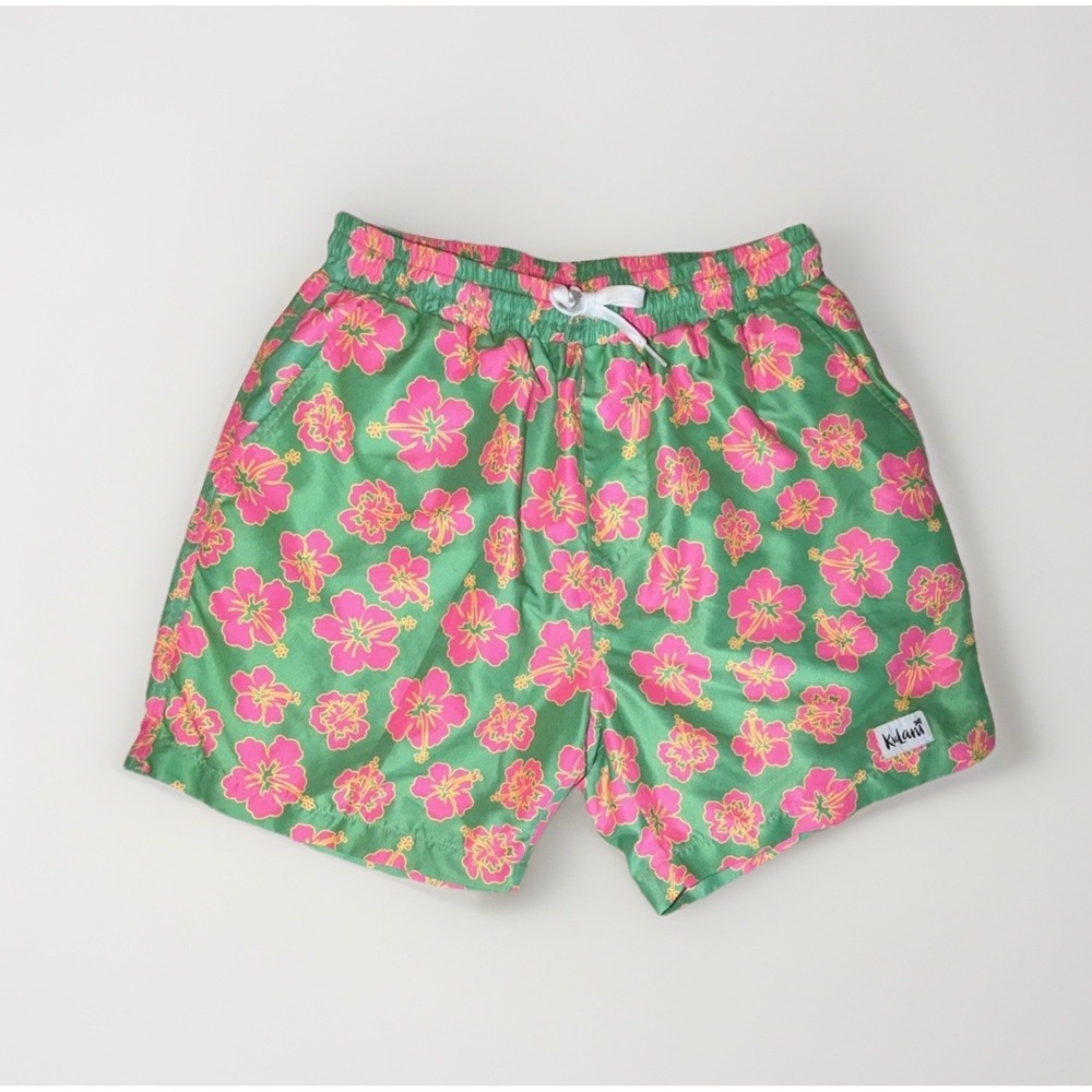 Kulani Kinis Men M Hibiscus Floral 5.5" Beach Swim Trunks Short Lined Pink Green